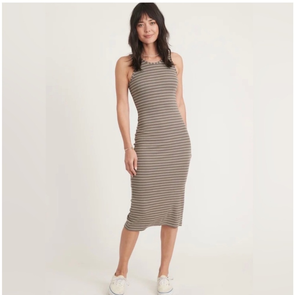 Marine Layer Olive and White Striped Midi Dress